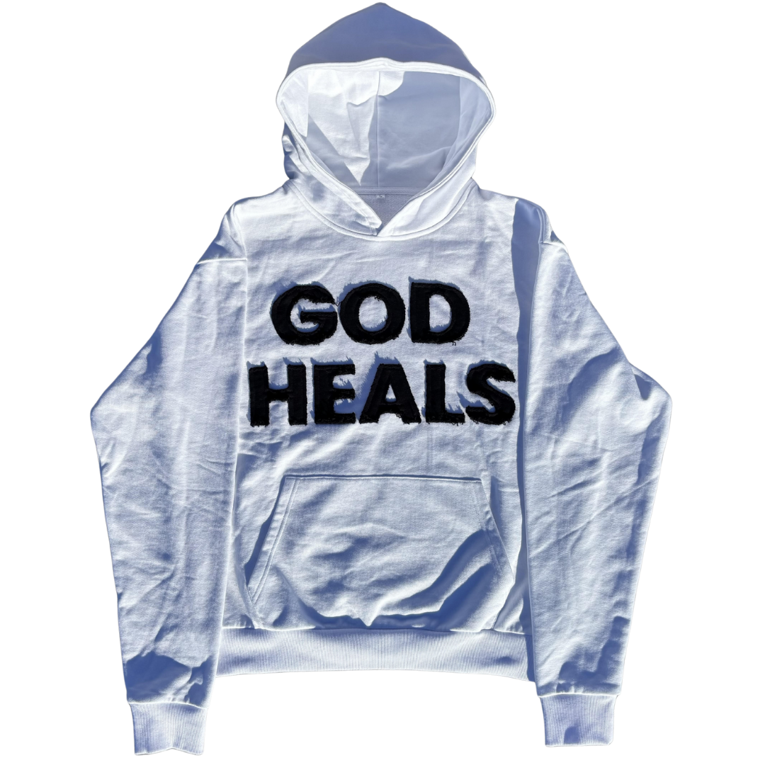 God heals white hoodie
